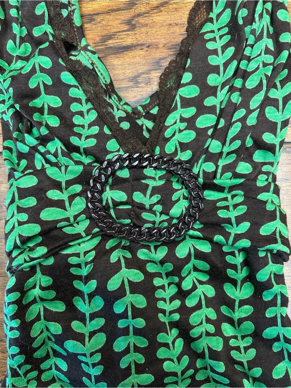 Earthy jungle core Y2K boho Midi Dark brown Dress with Green Leaf Pattern - Picture 3 of 6